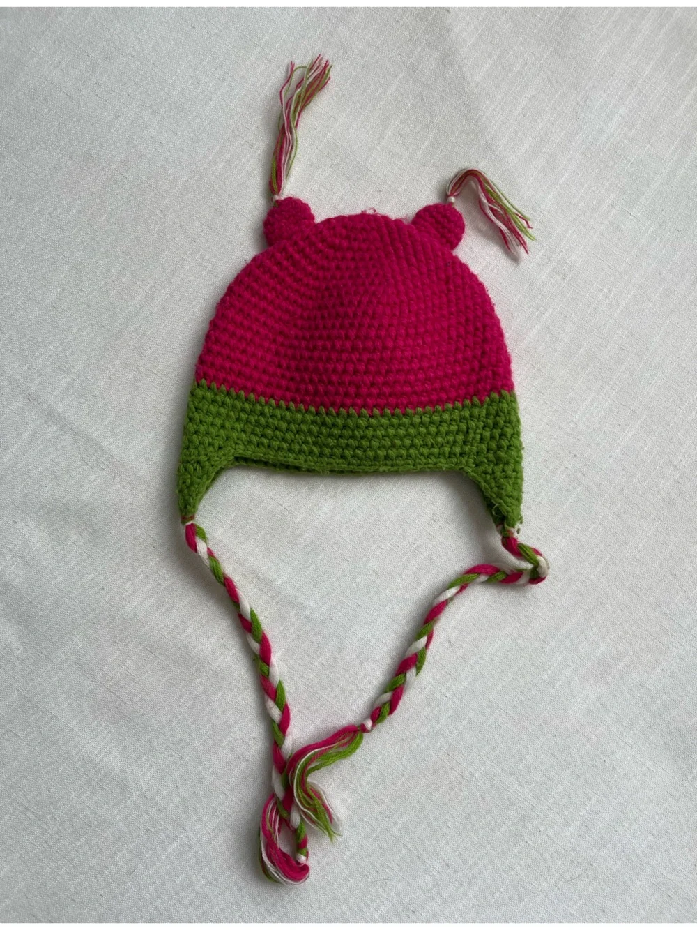 Hand Crafted Pink and Green Owl Earflap Crochet Hat with Blue Flower